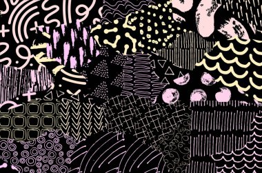 Soyut siyah konturlar, el vektör desen çizdi. Geometrik tarzı Retro soyut desen. Soyut çok renkli geometrik desen.