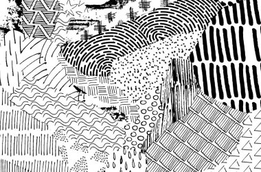 Soyut siyah konturlar, el vektör desen çizdi. Geometrik tarzı Retro soyut desen. Soyut çok renkli geometrik desen.