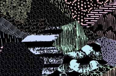 Soyut siyah konturlar, el vektör desen çizdi. Geometrik tarzı Retro soyut desen. Soyut çok renkli geometrik desen.