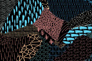 Soyut siyah konturlar, el vektör desen çizdi. Geometrik tarzı Retro soyut desen. Soyut çok renkli geometrik desen.