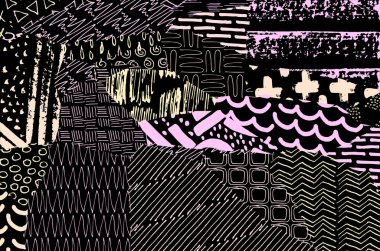 Soyut siyah konturlar, el vektör desen çizdi. Geometrik tarzı Retro soyut desen. Soyut çok renkli geometrik desen.