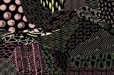 Soyut siyah konturlar, el vektör desen çizdi. Geometrik tarzı Retro soyut desen. Soyut çok renkli geometrik desen.