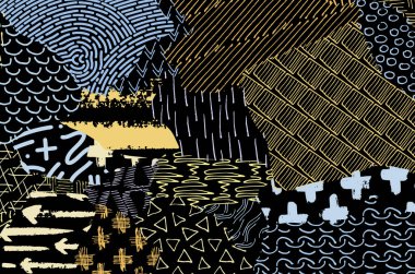 Soyut siyah konturlar, el vektör desen çizdi. Geometrik tarzı Retro soyut desen. Soyut çok renkli geometrik desen.