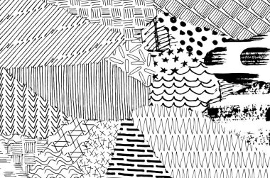 Soyut siyah konturlar, el vektör desen çizdi. Geometrik tarzı Retro soyut desen. Soyut çok renkli geometrik desen.