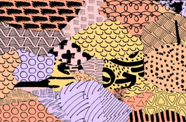 Soyut siyah konturlar, el vektör desen çizdi. Geometrik tarzı Retro soyut desen. Soyut çok renkli geometrik desen.