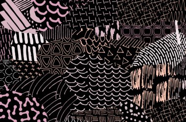 Soyut siyah konturlar, el vektör desen çizdi. Geometrik tarzı Retro soyut desen. Soyut çok renkli geometrik desen.