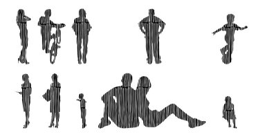 Vektör siluetleri, insanların ana hatları, Contour çizimleri, insanların siluetleri, ikon kümesi izole edilmiş, oturan insanların silueti, mimari set