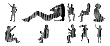 Vektör siluetleri, insanların ana hatları, Contour çizimleri, insanların siluetleri, ikon kümesi izole edilmiş, oturan insanların silueti, mimari set