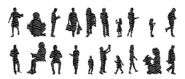 Vektör siluetleri, insanların ana hatları, Contour çizimleri, insanların siluetleri, ikon kümesi izole edilmiş, oturan insanların silueti, mimari set