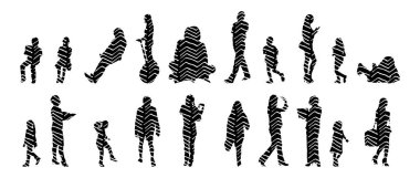 Vektör siluetleri, insanların ana hatları, Contour çizimleri, insanların siluetleri, ikon kümesi izole edilmiş, oturan insanların silueti, mimari set