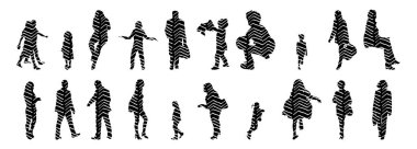 Vektör siluetleri, insanların ana hatları, Contour çizimleri, insanların siluetleri, ikon kümesi izole edilmiş, oturan insanların silueti, mimari set