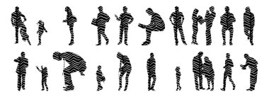 Vektör siluetleri, insanların ana hatları, Contour çizimleri, insanların siluetleri, ikon kümesi izole edilmiş, oturan insanların silueti, mimari set