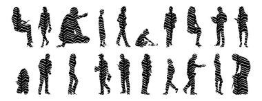 Vektör siluetleri, insanların ana hatları, Contour çizimleri, insanların siluetleri, ikon kümesi izole edilmiş, oturan insanların silueti, mimari set