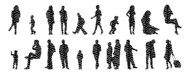 Vektör siluetleri, insanların ana hatları, Contour çizimleri, insanların siluetleri, ikon kümesi izole edilmiş, oturan insanların silueti, mimari set