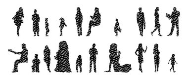 Vektör siluetleri, insanların ana hatları, Contour çizimleri, insanların siluetleri, ikon kümesi izole edilmiş, oturan insanların silueti, mimari set