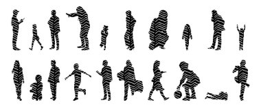 Vektör siluetleri, insanların ana hatları, Contour çizimleri, insanların siluetleri, ikon kümesi izole edilmiş, oturan insanların silueti, mimari set