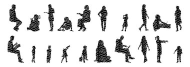 Vektör siluetleri, insanların ana hatları, Contour çizimleri, insanların siluetleri, ikon kümesi izole edilmiş, oturan insanların silueti, mimari set