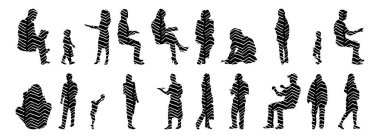 Vektör siluetleri, insanların ana hatları, Contour çizimleri, insanların siluetleri, ikon kümesi izole edilmiş, oturan insanların silueti, mimari set