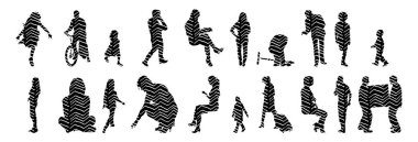 Vektör siluetleri, insanların ana hatları, Contour çizimleri, insanların siluetleri, ikon kümesi izole edilmiş, oturan insanların silueti, mimari set