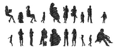 Vektör siluetleri, insanların ana hatları, Contour çizimleri, insanların siluetleri, ikon kümesi izole edilmiş, oturan insanların silueti, mimari set