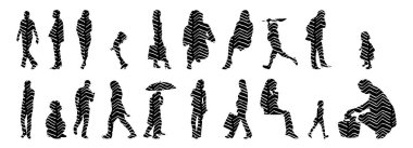 Vektör siluetleri, insanların ana hatları, Contour çizimleri, insanların siluetleri, ikon kümesi izole edilmiş, oturan insanların silueti, mimari set