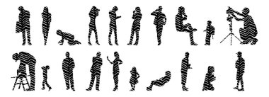 Vektör siluetleri, insanların ana hatları, Contour çizimleri, insanların siluetleri, ikon kümesi izole edilmiş, oturan insanların silueti, mimari set