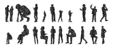 Vektör siluetleri, insanların ana hatları, Contour çizimleri, insanların siluetleri, ikon kümesi izole edilmiş, oturan insanların silueti, mimari set