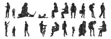 Vektör siluetleri, insanların ana hatları, Contour çizimleri, insanların siluetleri, ikon kümesi izole edilmiş, oturan insanların silueti, mimari set