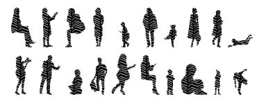 Vektör siluetleri, insanların ana hatları, Contour çizimleri, insanların siluetleri, ikon kümesi izole edilmiş, oturan insanların silueti, mimari set