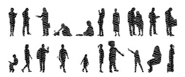 Vektör siluetleri, insanların ana hatları, Contour çizimleri, insanların siluetleri, ikon kümesi izole edilmiş, oturan insanların silueti, mimari set