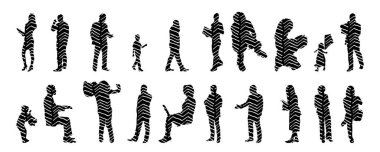 Vektör siluetleri, insanların ana hatları, Contour çizimleri, insanların siluetleri, ikon kümesi izole edilmiş, oturan insanların silueti, mimari set