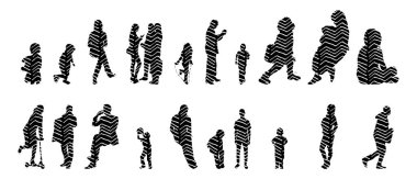 Vektör siluetleri, insanların ana hatları, Contour çizimleri, insanların siluetleri, ikon kümesi izole edilmiş, oturan insanların silueti, mimari set