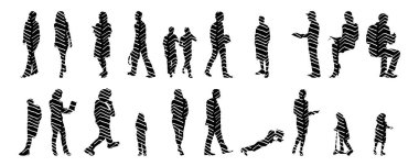 Vektör siluetleri, insanların ana hatları, Contour çizimleri, insanların siluetleri, ikon kümesi izole edilmiş, oturan insanların silueti, mimari set