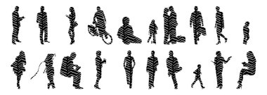 Vektör siluetleri, insanların ana hatları, Contour çizimleri, insanların siluetleri, ikon kümesi izole edilmiş, oturan insanların silueti, mimari set