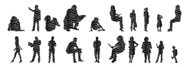 Vektör siluetleri, insanların ana hatları, Contour çizimleri, insanların siluetleri, ikon kümesi izole edilmiş, oturan insanların silueti, mimari set