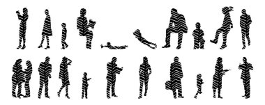 Vektör siluetleri, insanların ana hatları, Contour çizimleri, insanların siluetleri, ikon kümesi izole edilmiş, oturan insanların silueti, mimari set