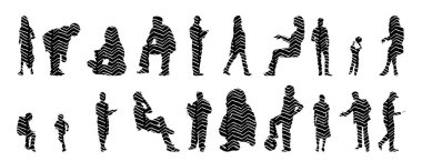 Vektör siluetleri, insanların ana hatları, Contour çizimleri, insanların siluetleri, ikon kümesi izole edilmiş, oturan insanların silueti, mimari set