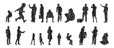 Vektör siluetleri, insanların ana hatları, Contour çizimleri, insanların siluetleri, ikon kümesi izole edilmiş, oturan insanların silueti, mimari set