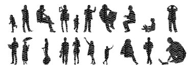 Vektör siluetleri, insanların ana hatları, Contour çizimleri, insanların siluetleri, ikon kümesi izole edilmiş, oturan insanların silueti, mimari set