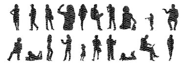 Vektör siluetleri, insanların ana hatları, Contour çizimleri, insanların siluetleri, ikon kümesi izole edilmiş, oturan insanların silueti, mimari set