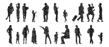 Vektör siluetleri, insanların ana hatları, Contour çizimleri, insanların siluetleri, ikon kümesi izole edilmiş, oturan insanların silueti, mimari set