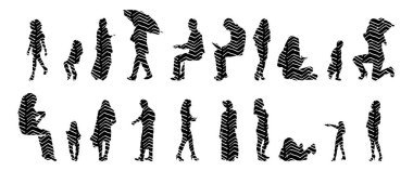 Vektör siluetleri, insanların ana hatları, Contour çizimleri, insanların siluetleri, ikon kümesi izole edilmiş, oturan insanların silueti, mimari set