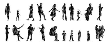 Vektör siluetleri, insanların ana hatları, Contour çizimleri, insanların siluetleri, ikon kümesi izole edilmiş, oturan insanların silueti, mimari set