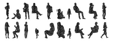 Vektör siluetleri, insanların ana hatları, Contour çizimleri, insanların siluetleri, ikon kümesi izole edilmiş, oturan insanların silueti, mimari set