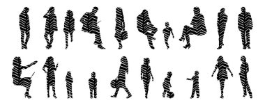 Vektör siluetleri, insanların ana hatları, Contour çizimleri, insanların siluetleri, ikon kümesi izole edilmiş, oturan insanların silueti, mimari set