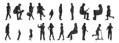 Vektör siluetleri, insanların ana hatları, Contour çizimleri, insanların siluetleri, ikon kümesi izole edilmiş, oturan insanların silueti, mimari set