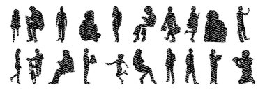 Vektör siluetleri, insanların ana hatları, Contour çizimleri, insanların siluetleri, ikon kümesi izole edilmiş, oturan insanların silueti, mimari set