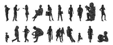 Vektör siluetleri, insanların ana hatları, Contour çizimleri, insanların siluetleri, ikon kümesi izole edilmiş, oturan insanların silueti, mimari set