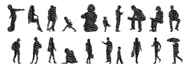 Vektör siluetleri, insanların ana hatları, Contour çizimleri, insanların siluetleri, ikon kümesi izole edilmiş, oturan insanların silueti, mimari set