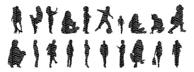 Vektör siluetleri, insanların ana hatları, Contour çizimleri, insanların siluetleri, ikon kümesi izole edilmiş, oturan insanların silueti, mimari set